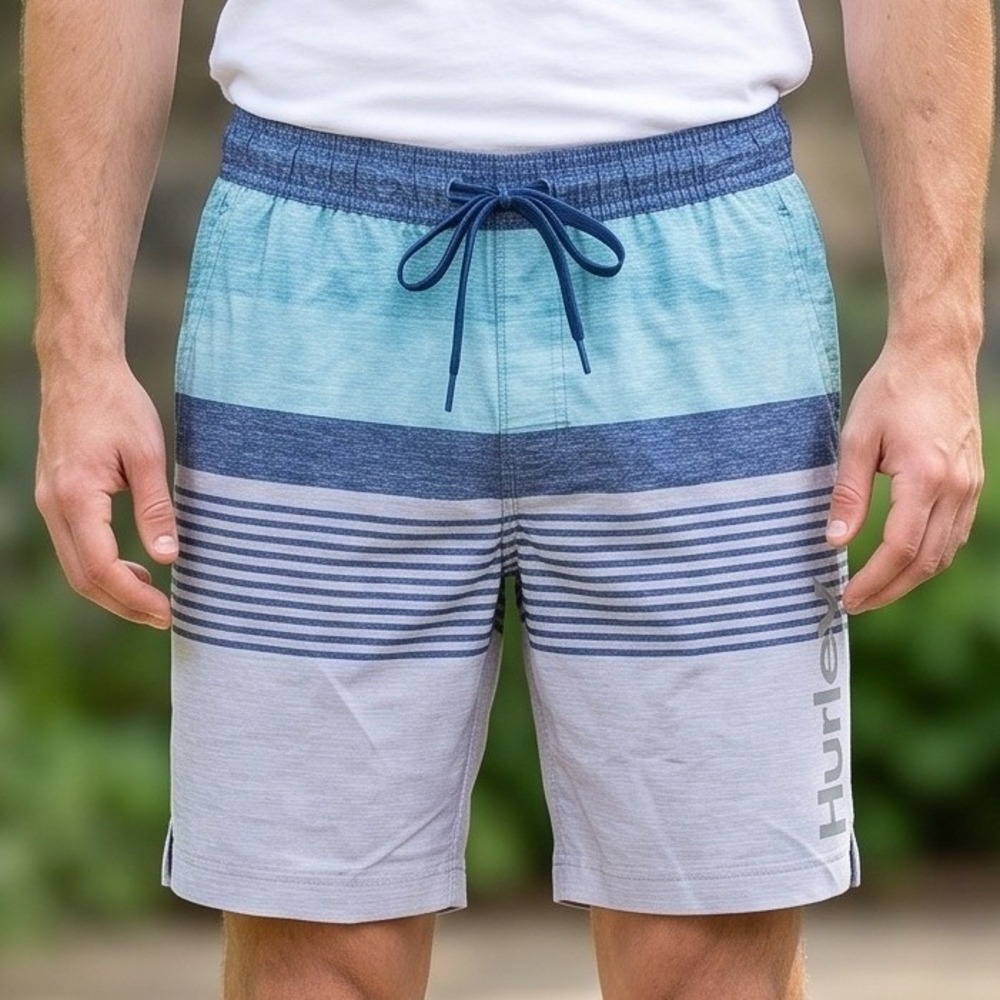 Hurley Mens Striped Board Shorts Blue Grey Elastic‎ Waist Swim Trunks L